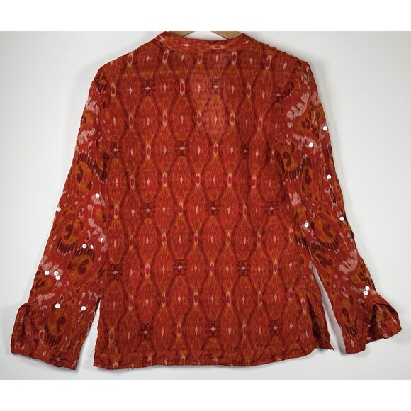 Tory Burch Sequin Silk Blend Tunic Blouse Red Pink Ikat Print Size 6 Sheer Top - Picture 4 of 13